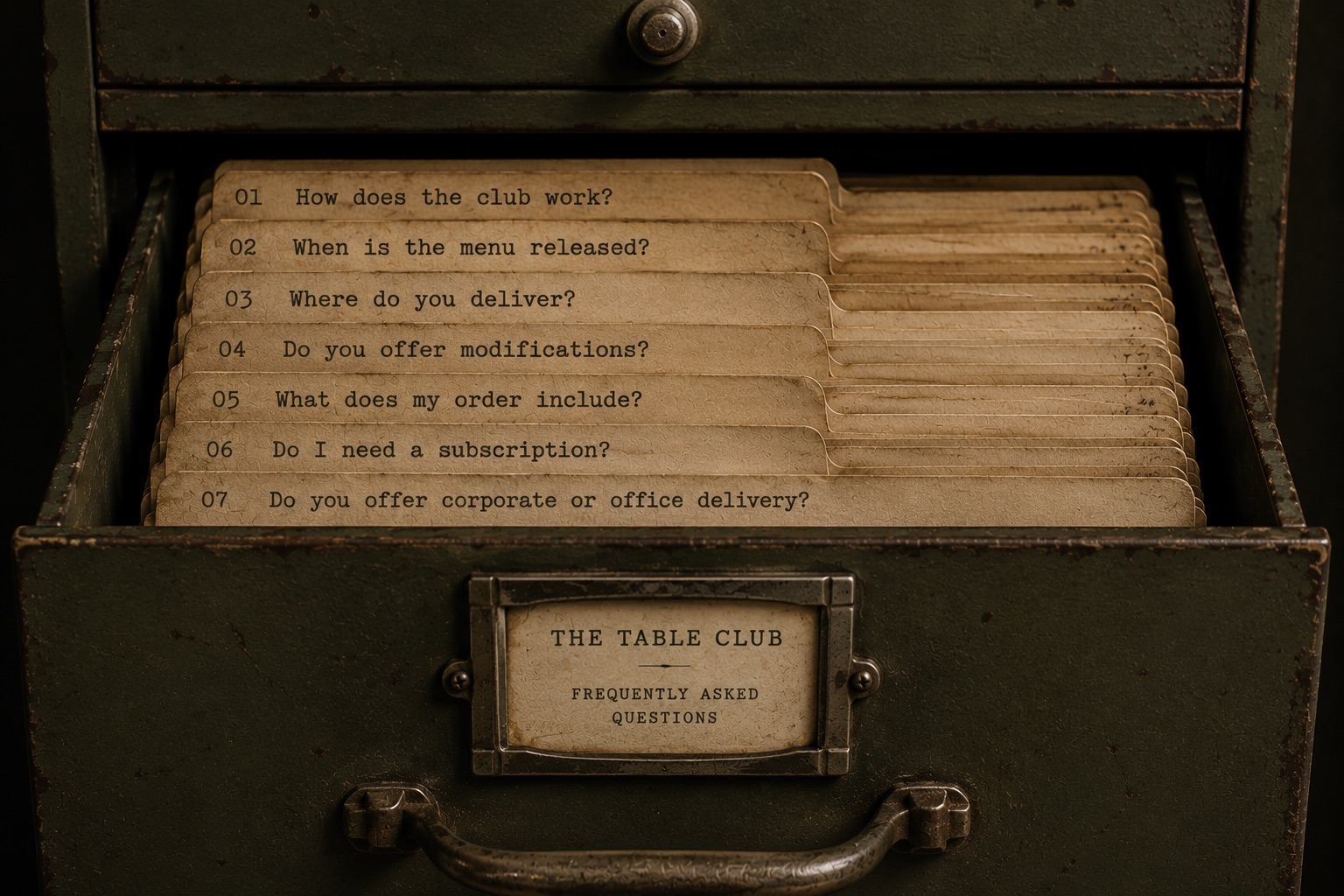 A vintage green filing cabinet drawer, open, holding seven manila folders each labeled with a frequently asked question, above a brass-framed label reading The Table Club, Frequently Asked Questions.