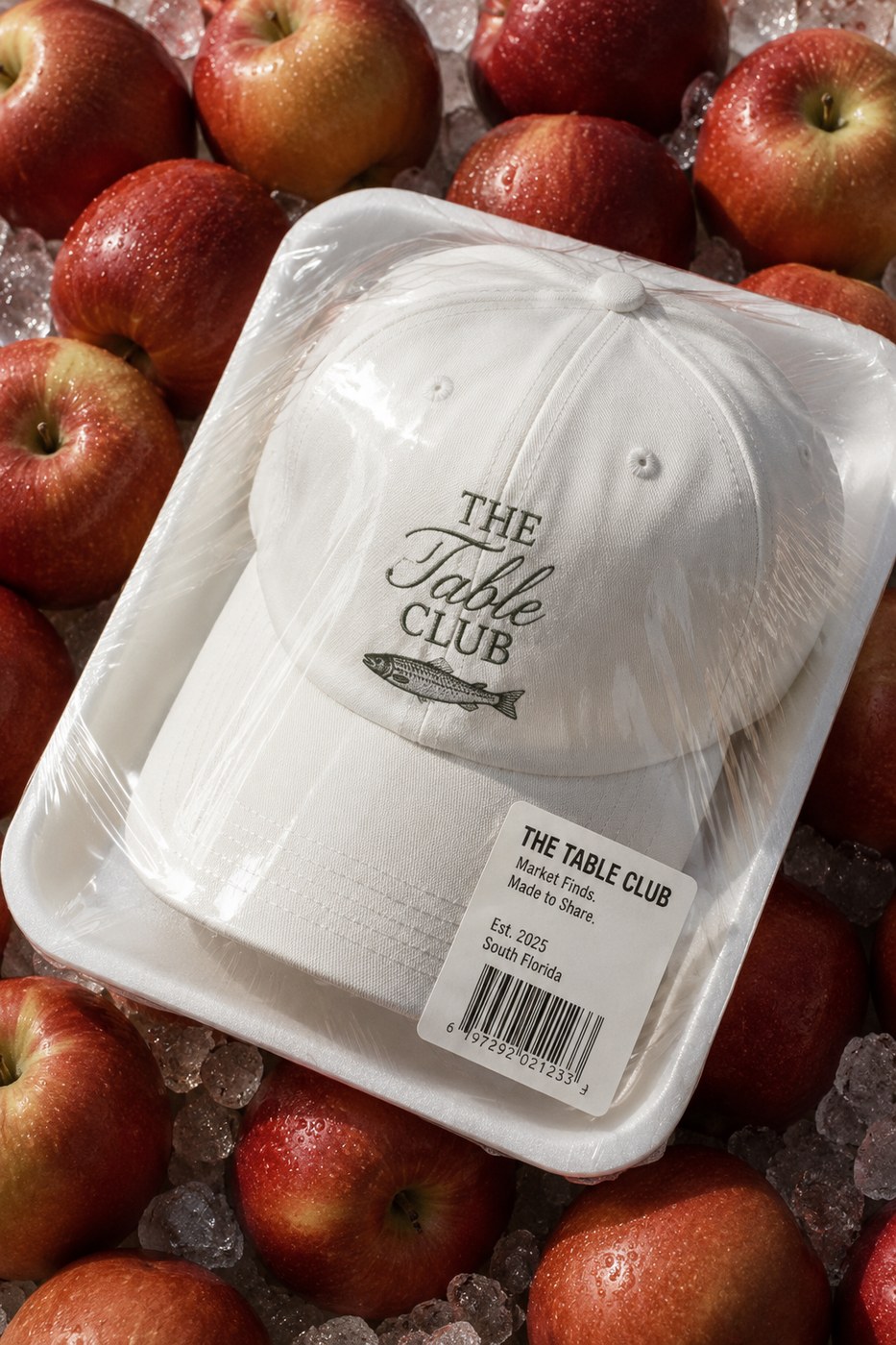 A white Table Club cap with embroidered logo, packaged and resting among fresh apples