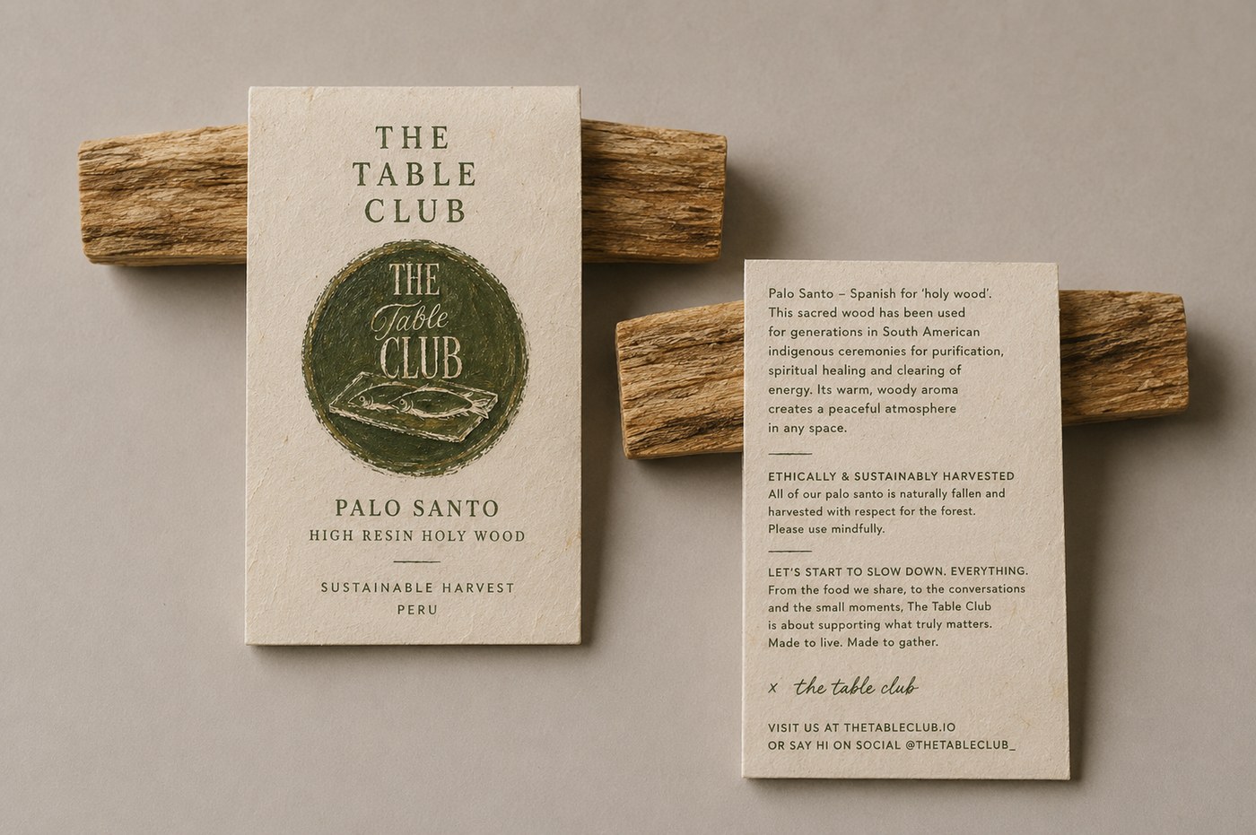 The Table Club Palo Santo sticks, sustainably harvested holy wood, with branded packaging