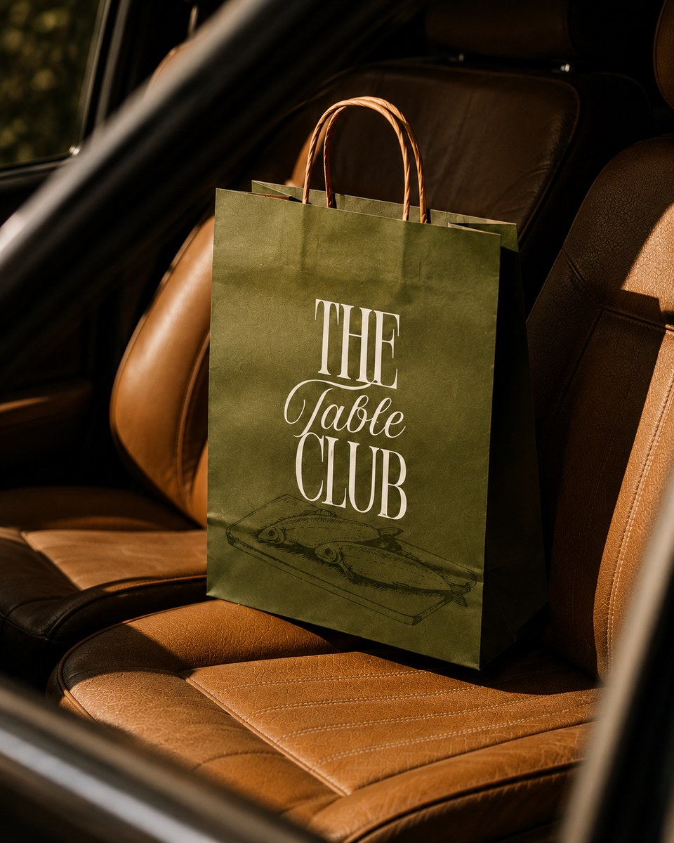 The Table Club tote bag on the seat of a vintage car